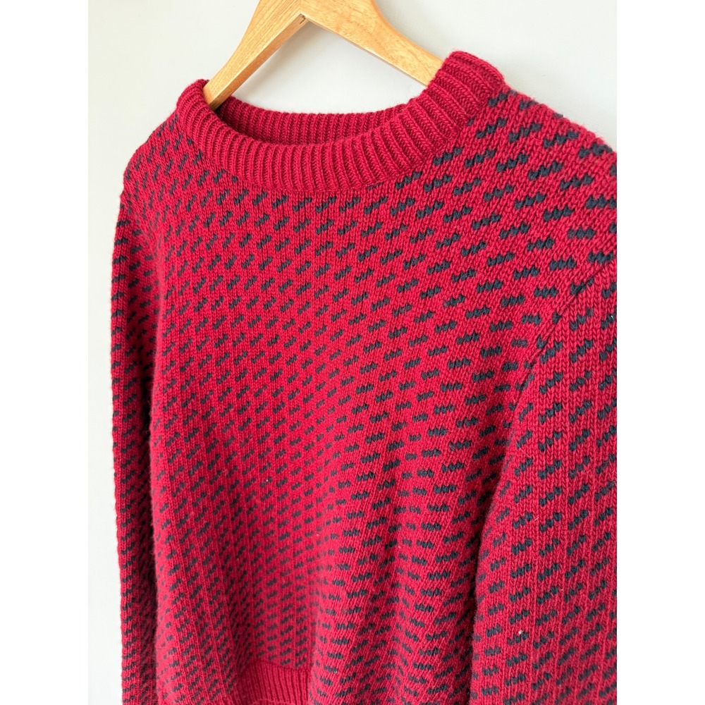 LL Bean Mens Birdseye Wool Sweater Red Navy Blue Made in Norway Medium M-REG